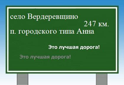 расстояние село Вердеревщино    поселок городского типа Анна как добраться